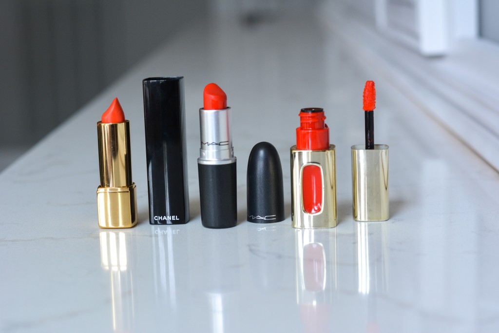From far left: CHANEL in Excentrique; MAC in Lady Danger; Loreal in Orange Tempo