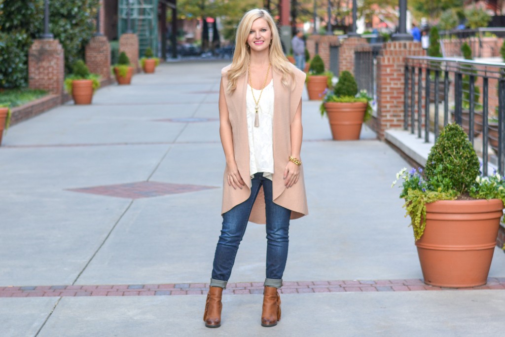 Tiffany chose to pair her long vest with a lace bohemian style tank. She wore her vest as a piece to help her transition her summer wardrobe into the fall. 